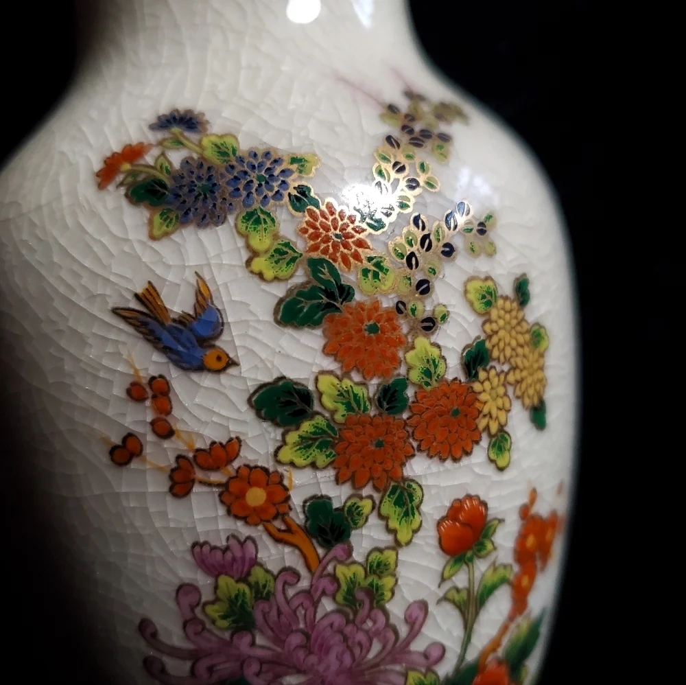 Floral Ceramic Vase with Crackle Glaze